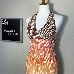 Vintage Halter Brown Orange Ombré Lace Print Maxi Dress Med